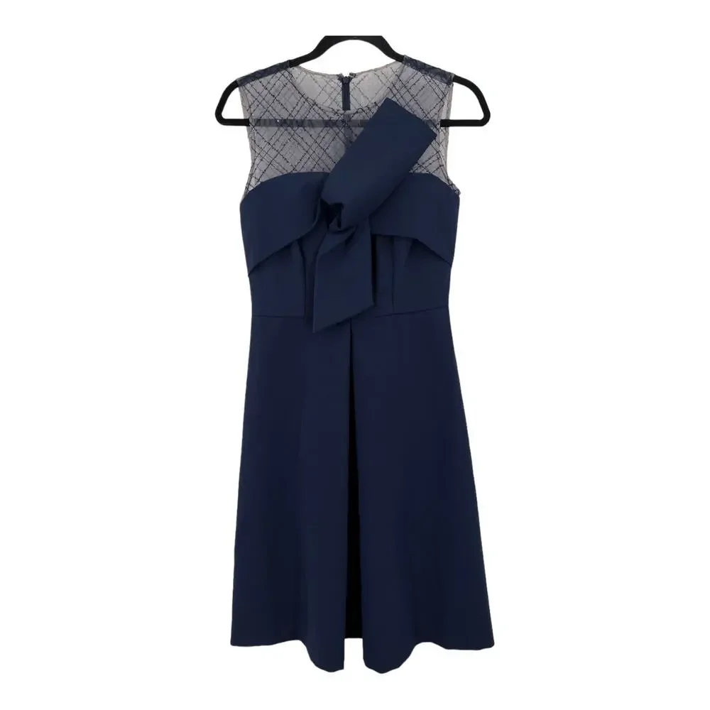 JS Collections Dress Reille Knee Length bow navy blue size 2 - Picture 2 of 8